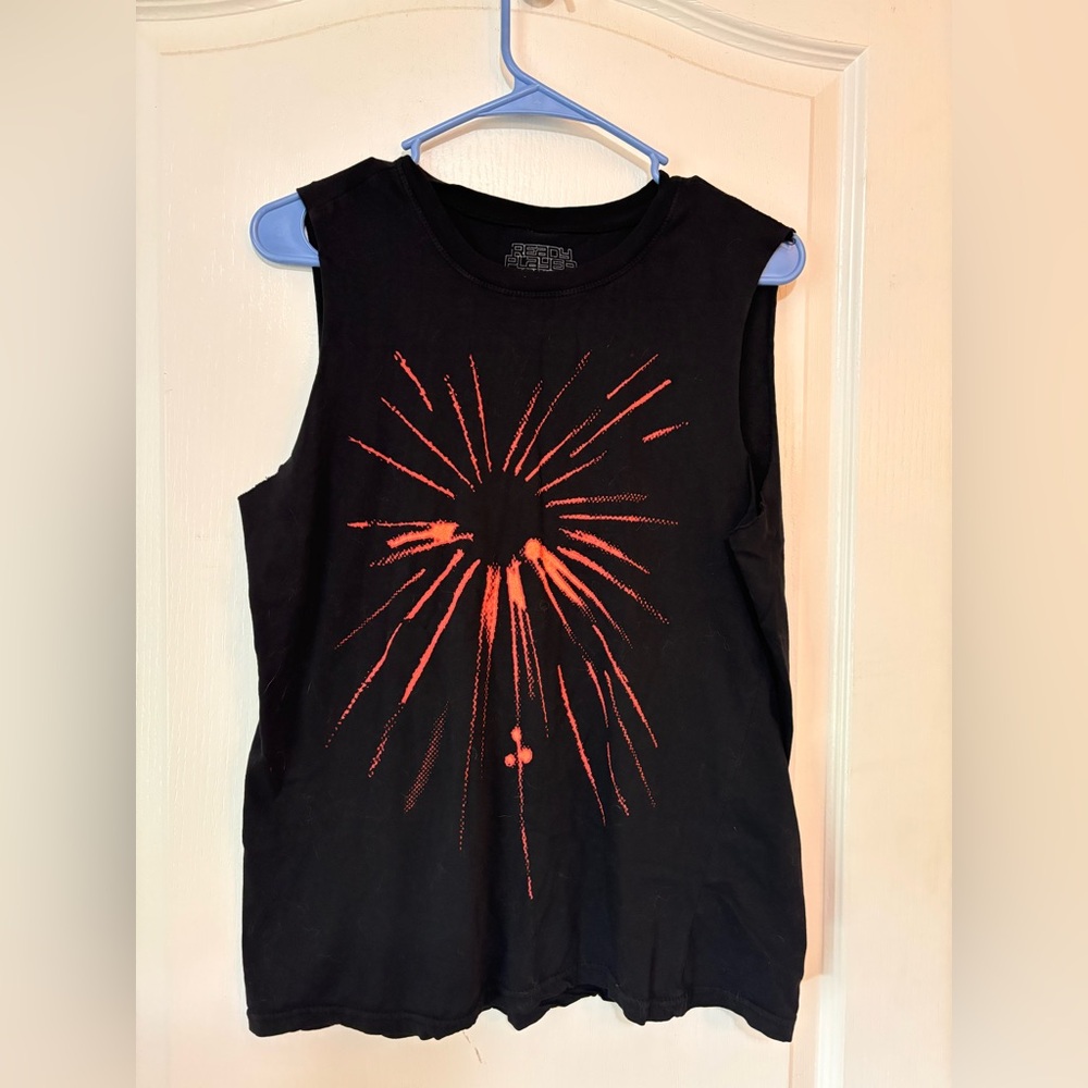 Black Sleeveless Top with Abstract Orange Design
